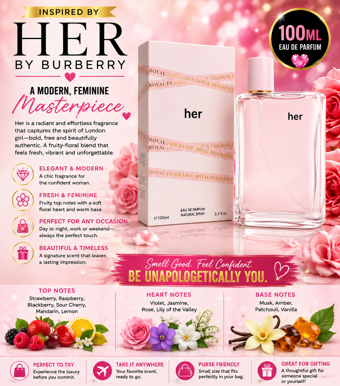 HER by Royal Fragrance  3.3 Fl oz EDP Spray for Women 100ml Perfume