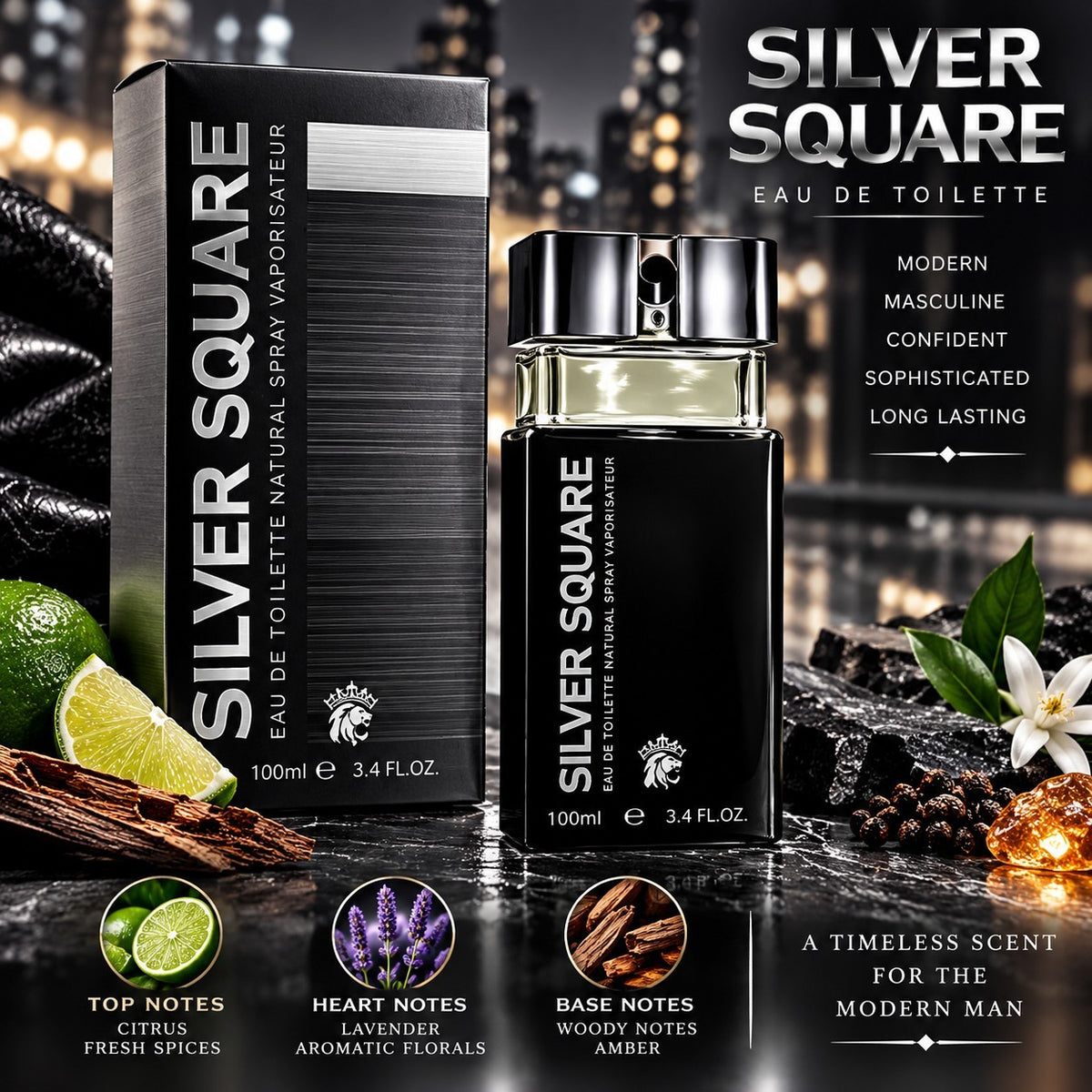 Silver Square Eau De Toilette EDT 100ml 3.3oz Men’s Cologne New Sealed