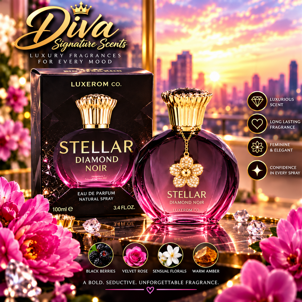 Stellar Diamond Noir EDP for Women 3.4 Fl Oz – Long Lasting Floral Amber Perfume