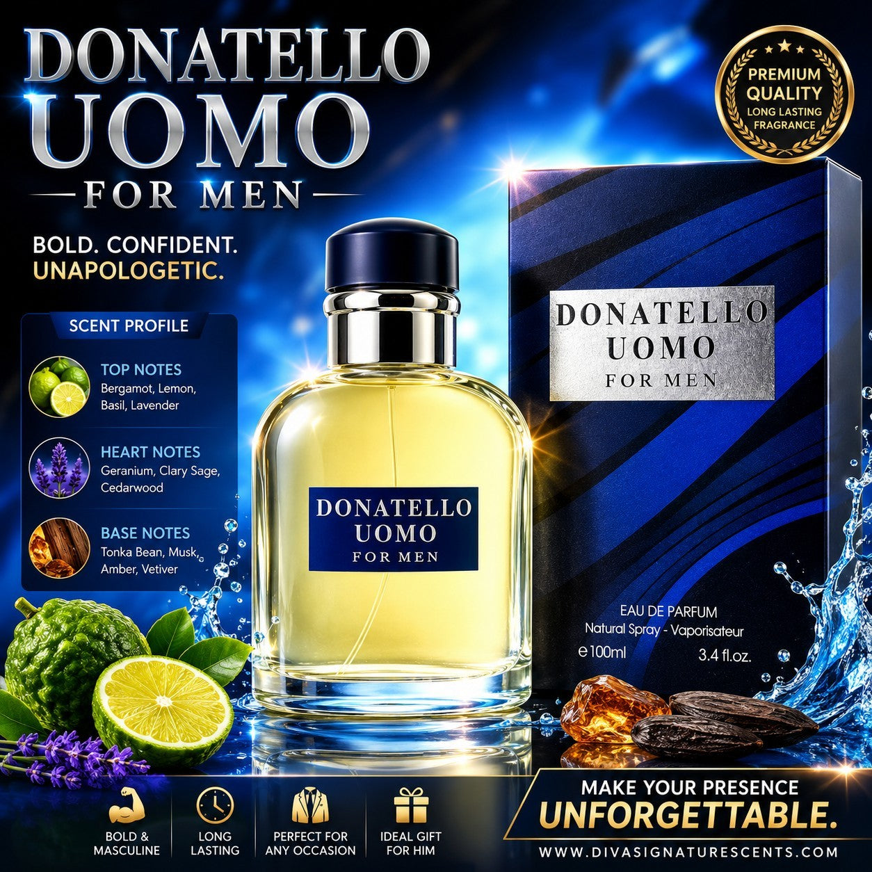 Donatello Uomo Pour Homme Eau de Toilette Spray for Men 3.4 fl oz