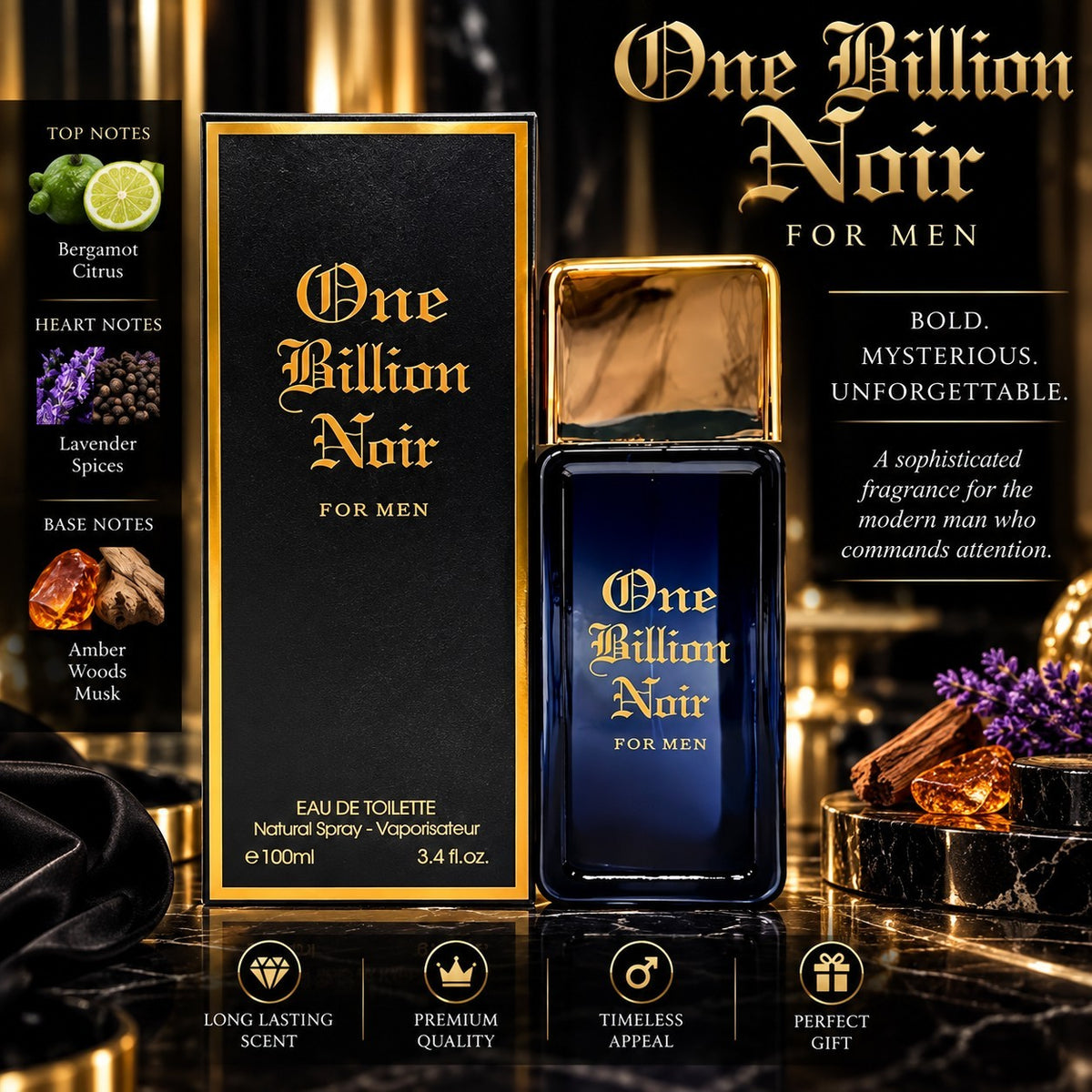 ONE BILLION NOIR 3.4 oz EDT Cologne Men By Fragrance Couture