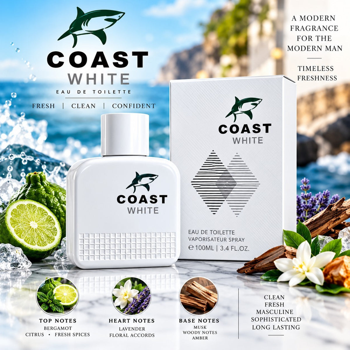 EBC Coast White EDT for Men 3.4 oz 100ml Marine Citrus Cologne Spray New