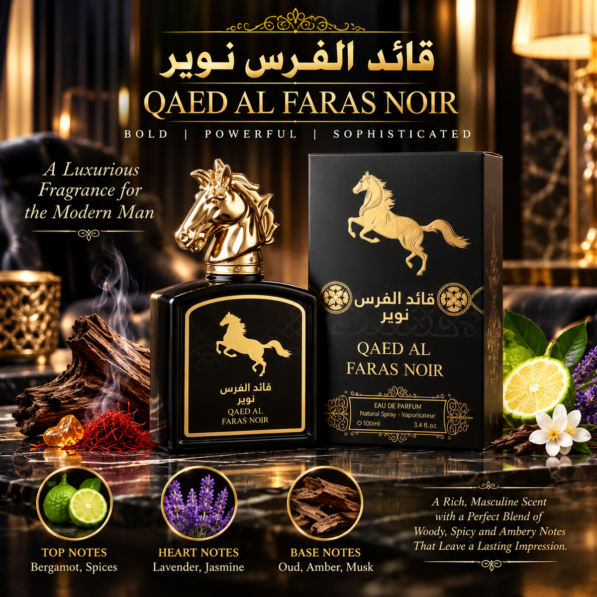 Qaed Al Faras Noir Eau de Parfum for Men, 3.4 Fl Oz Natural Spray