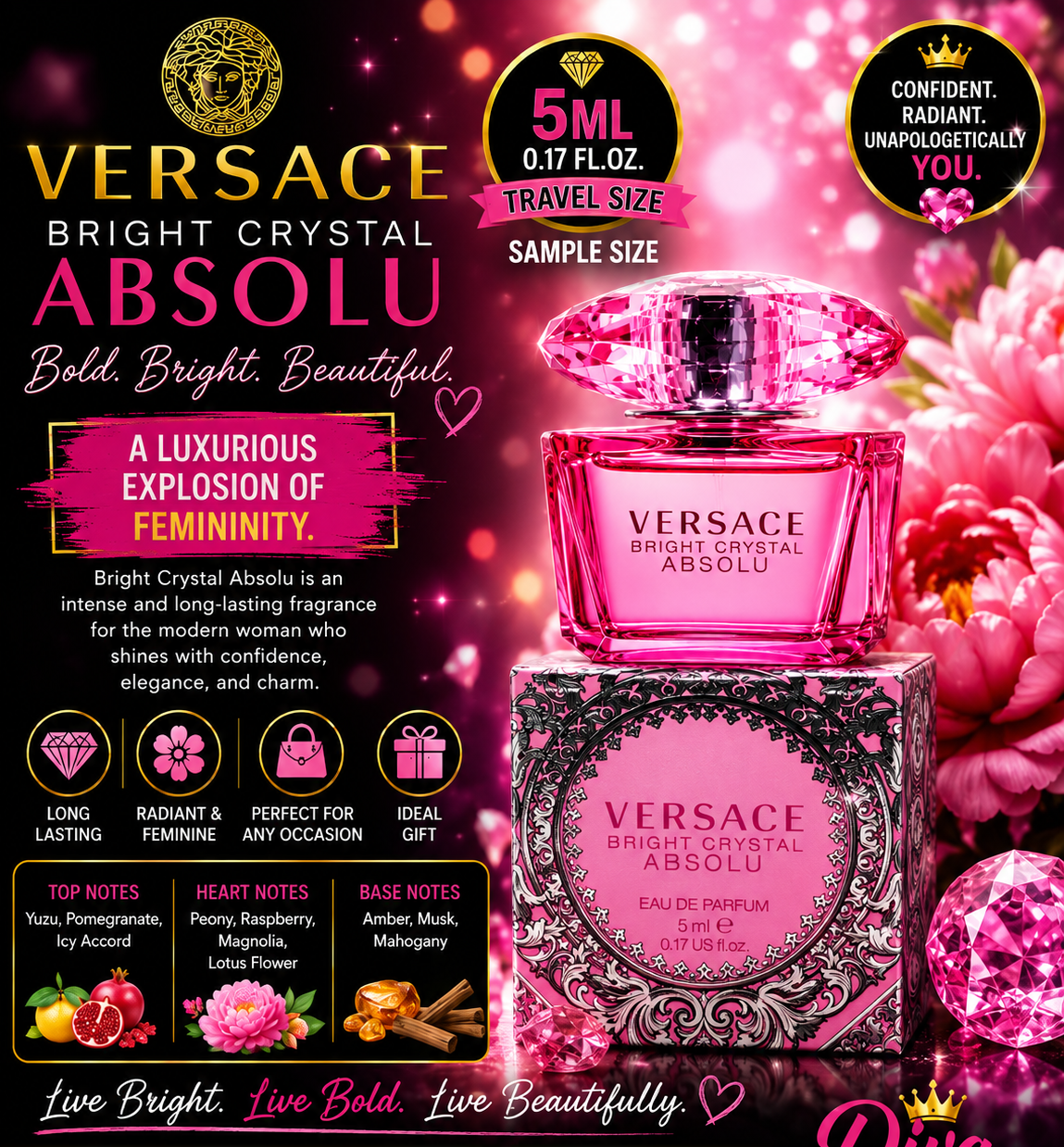 Bright Crystal Absolu 0.17 Oz Eau De Parfum Mini By Versace New In Box For Women