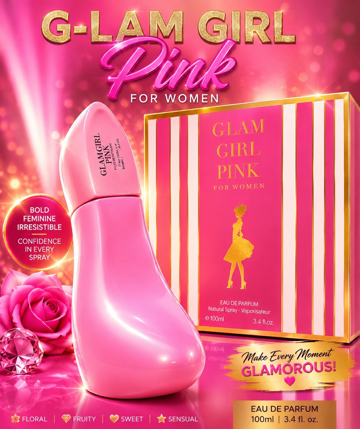 Glam Girl Pink Eau de Parfum Perfume for Women, 100ml / 3.4 fl oz