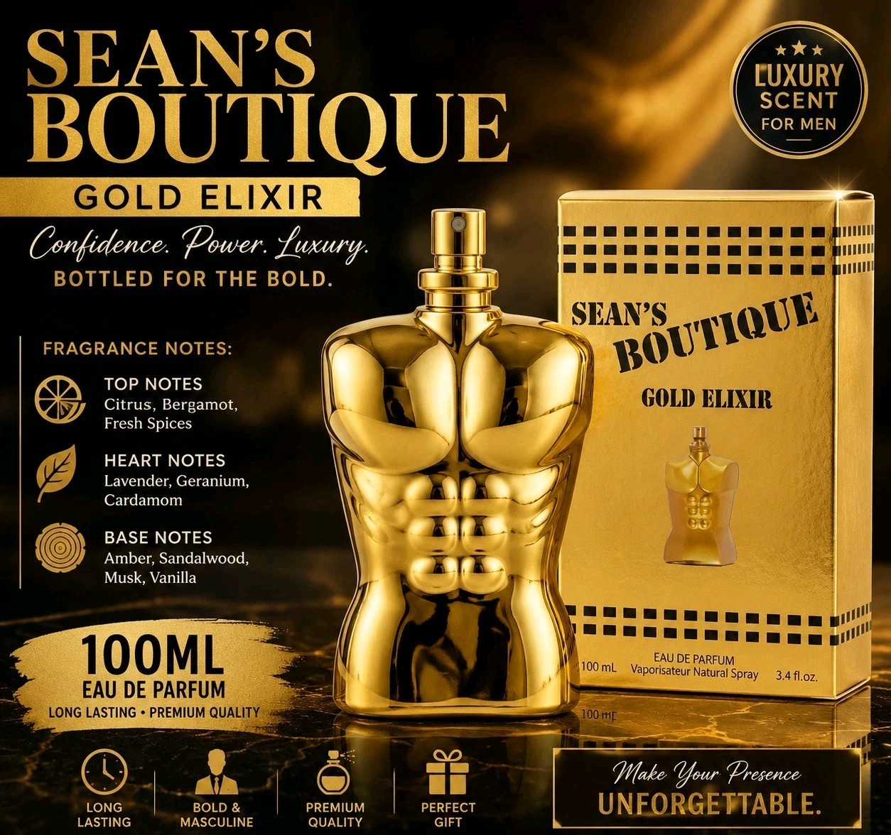 Sean's Boutique Gold Elixir Eau de Parfum Spray 3.4 fl oz Regular Size Fragrance