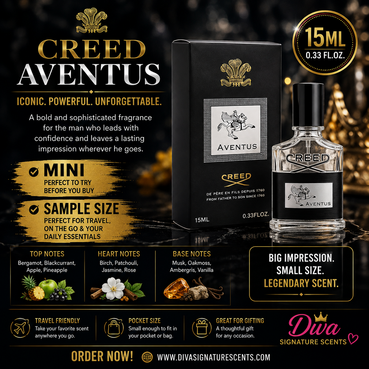 Creed Aventus Eau de Parfum Spray travel size 0.33 fl oz / 15 mL