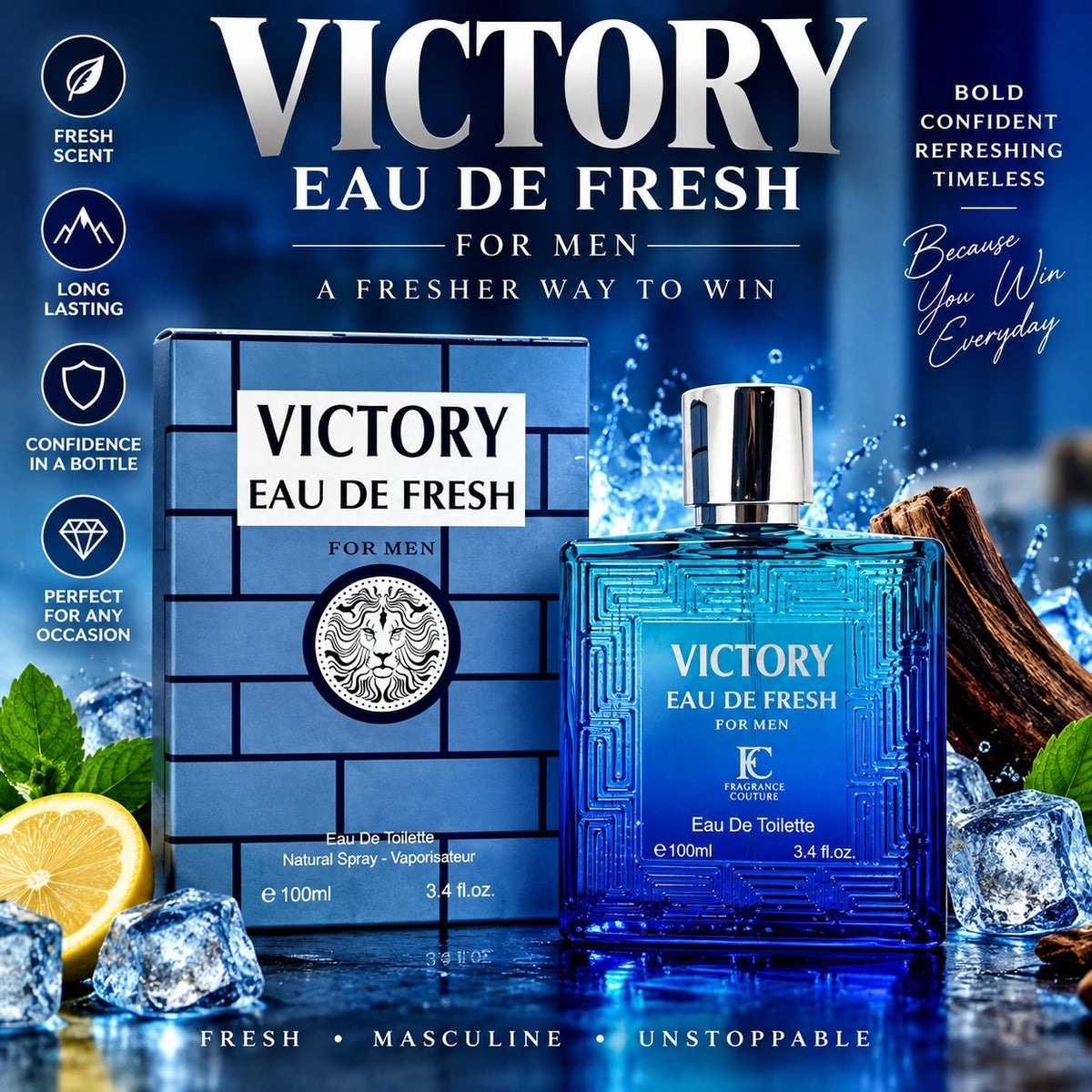 Victory Eau De Fresh Men's Cologne 3.4 Oz EDP Spray 