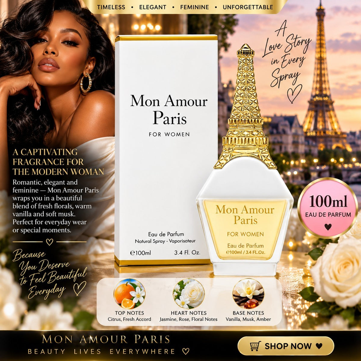 Mon Amour Paris EDP Perfume - 3.4oz Floral, Citrus, Vanilla 