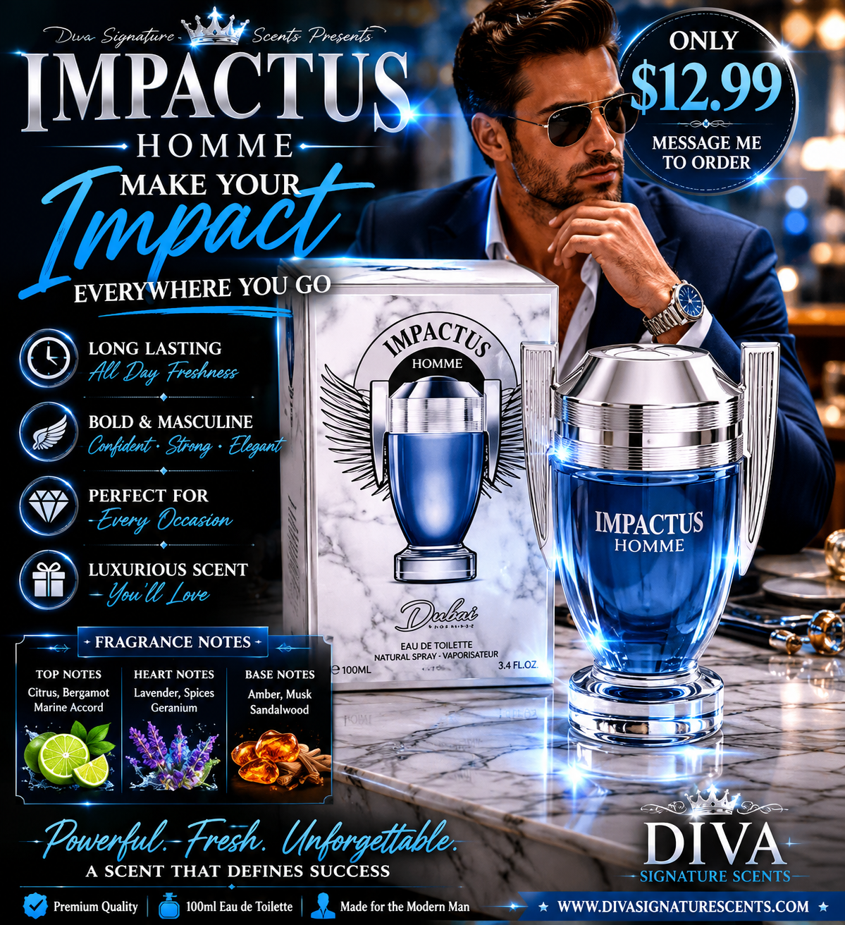 Impactus Cologne for Men 3.4oz EDT Spray Long Lasting Masculine Fragrance