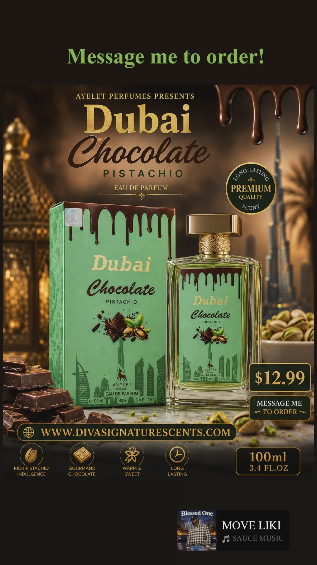 Ayelet Perfumes Dubai Chocolate Pistachio EDP Spray 3.4 oz Chocolate Pistachio